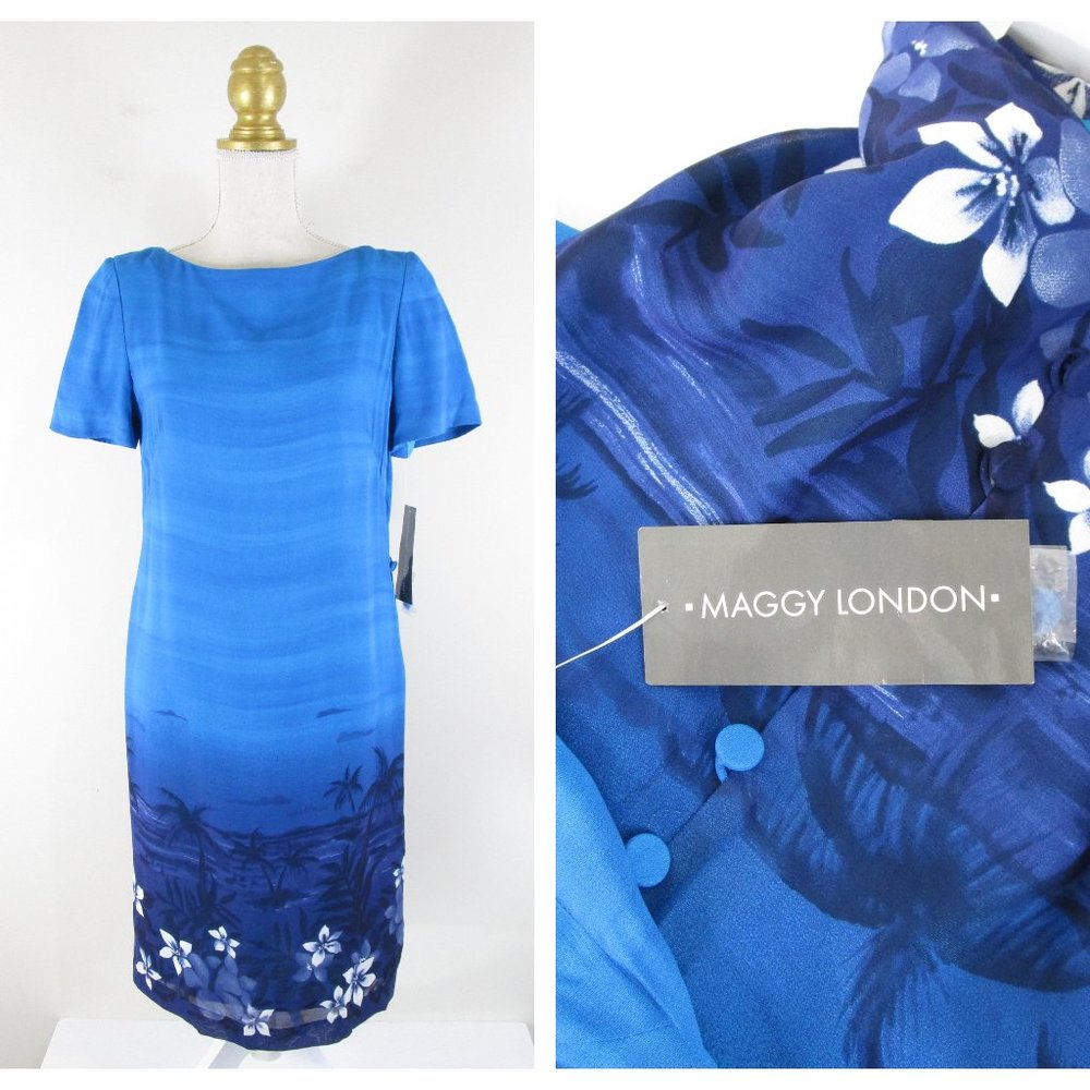 SOLDVintage Maggy London Blue Tropical Floral Dress 4 - Picture 1 of 13